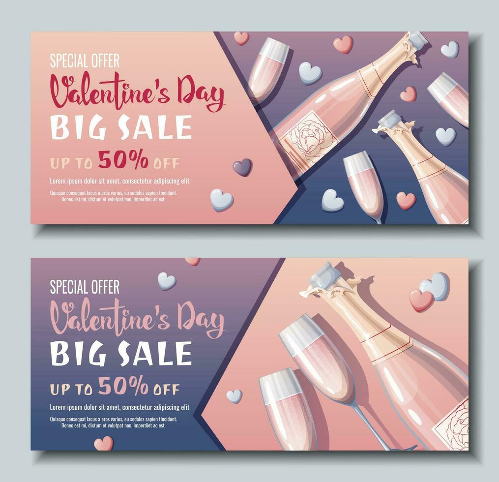 uppsättning av banderoller för valentine s dag .bakgrund, affisch, flygblad med en flaska av rosa champagne och glasögon med hjärtan. rabatt voucher mall för kärlek dag. vektor