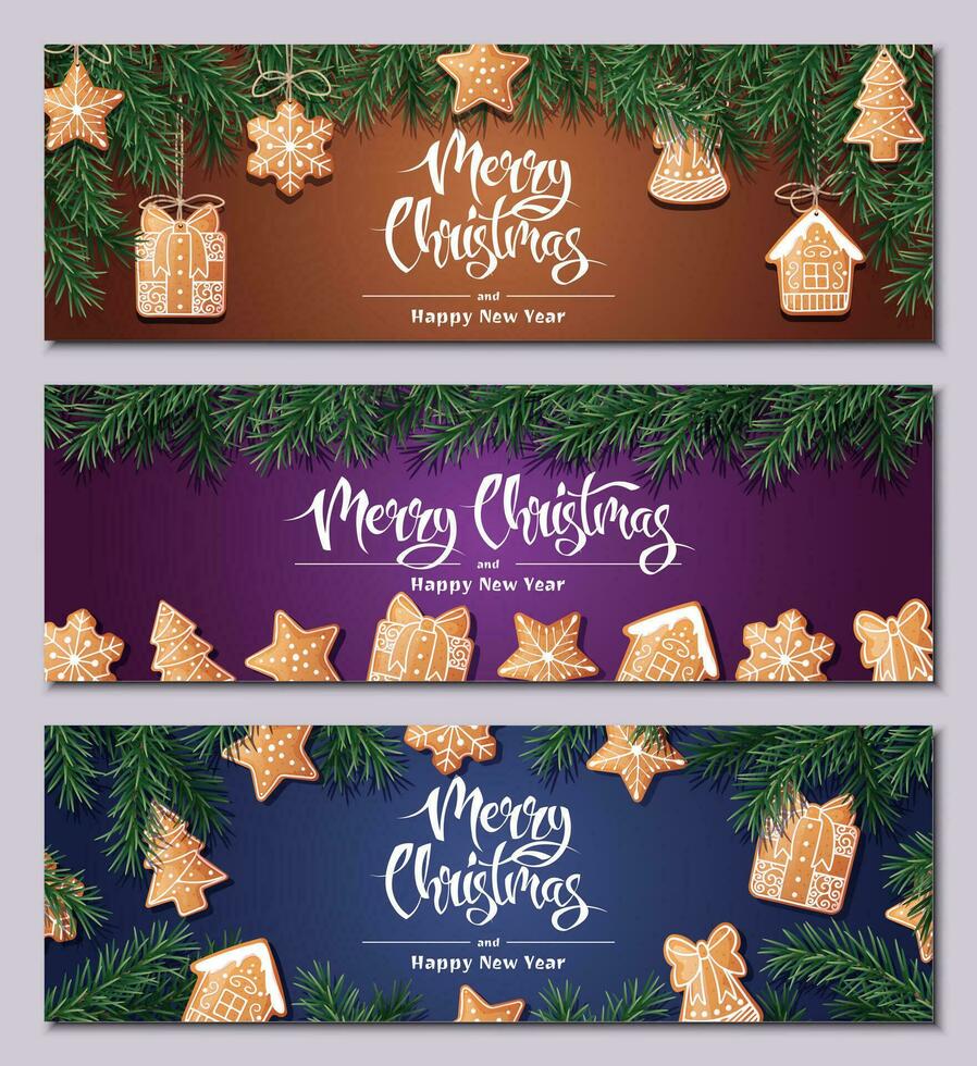 uppsättning av festlig baner med gran grenar och pepparkaka småkakor. jul bakgrund med pepparkaka. lämplig för hälsning kort, banderoller, affischer, flygblad för ny år och jul vektor