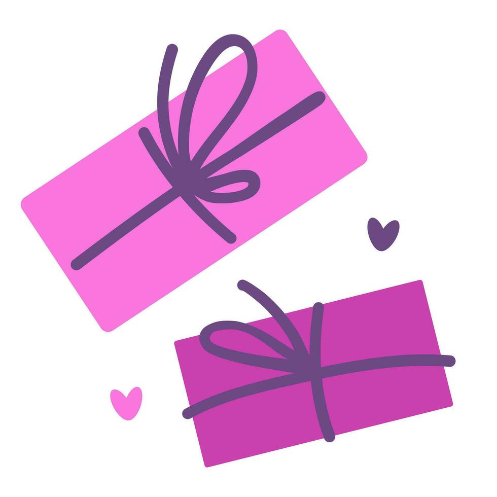 vektor hand dragen gåvor låda med violett rosett och hjärta förbi valentine dag. illustration i platt stil. för hälsning kort, logotyp, försäljning, produkt