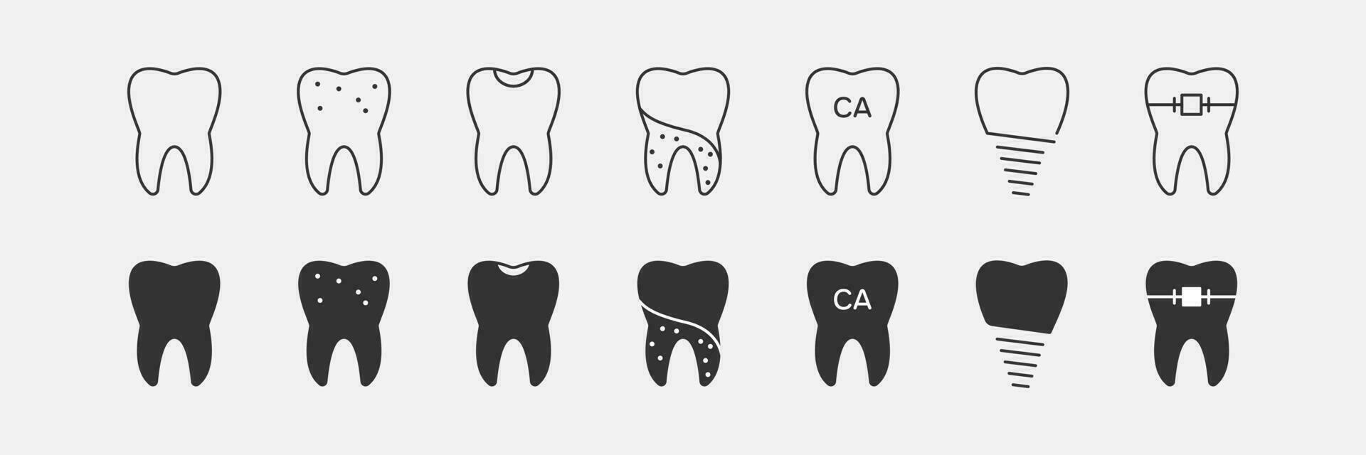 tand linje och svart ikoner uppsättning. tandvård och ortodontisk symboler. tandläkare, tänder, mänsklig hälsa, implantera, dental tandställning. vektor illustration