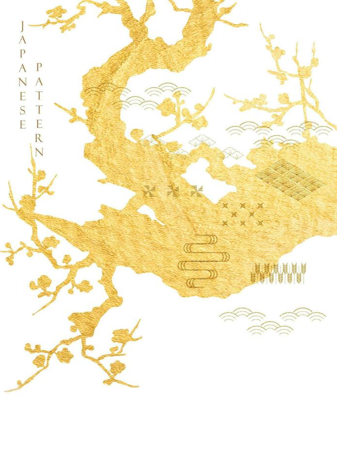 japanisch Hintergrund mit Gold Textur im Ast von Baum Silhouette Vektor. japanisch Symbol und Symbol mit abstrakt Hand gezeichnet Linie Muster. Vorlage Design mit geometrisch Muster im Jahrgang Stil. vektor
