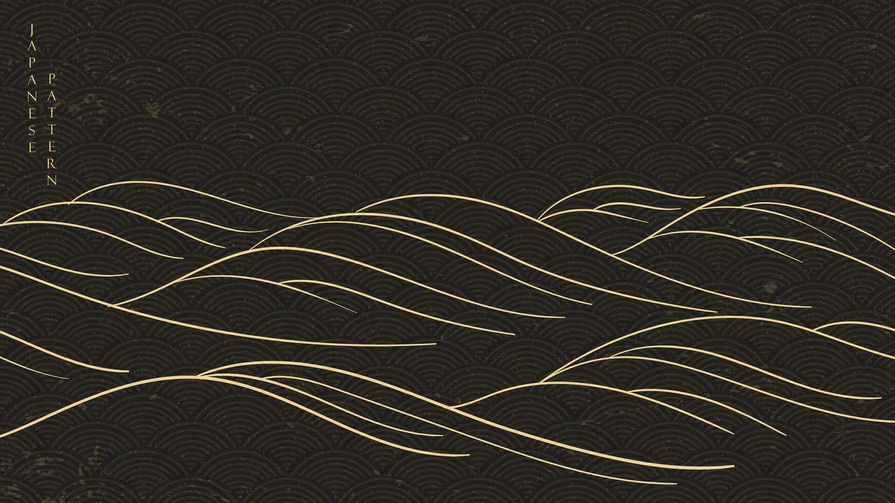 japanisch schwarz Hintergrund mit Gold Linie Welle Textur im Jahrgang Stil Vektor. abstrakt Kunst Muster. Vorlage und Banner Design im orientalisch Stil. vektor