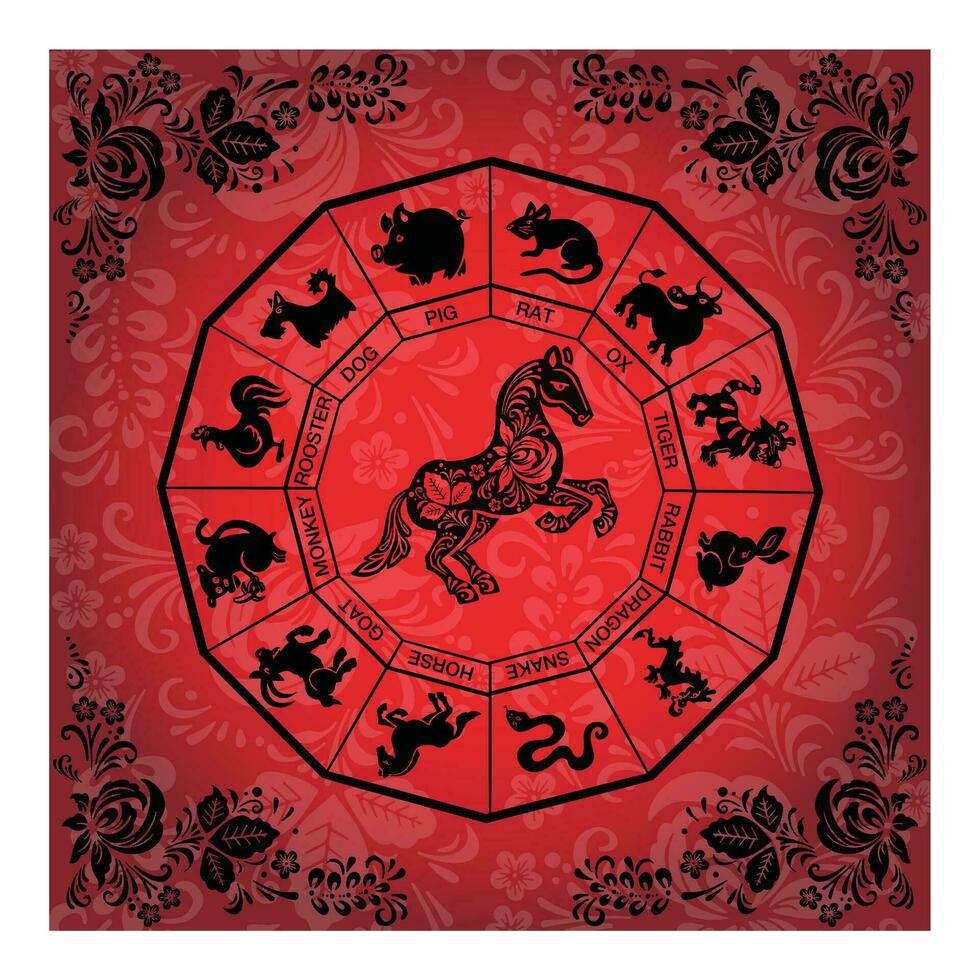 Pferd, Pferdesport Karte im rot und schwarz Farben im ethnisch Russisch Stil, Symbol von das Jahr, Vektor Illustration eps 10