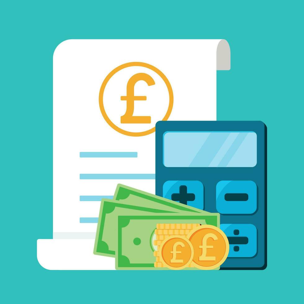 Pfund Sterling Zahlen Rechnungen und MwSt Symbol Vektor Illustration mit animiert Karikatur Geld und Taschenrechner