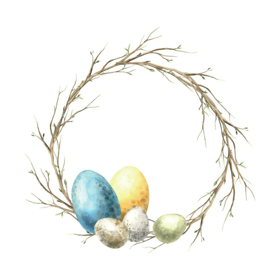 vattenfärg krans av vår kvistar med flerfärgad ägg. påsk Semester illustration hand ritade. skiss på isolerat bakgrund för hälsning kort, inbjudningar, Lycklig högtider, affischer, dekor vektor