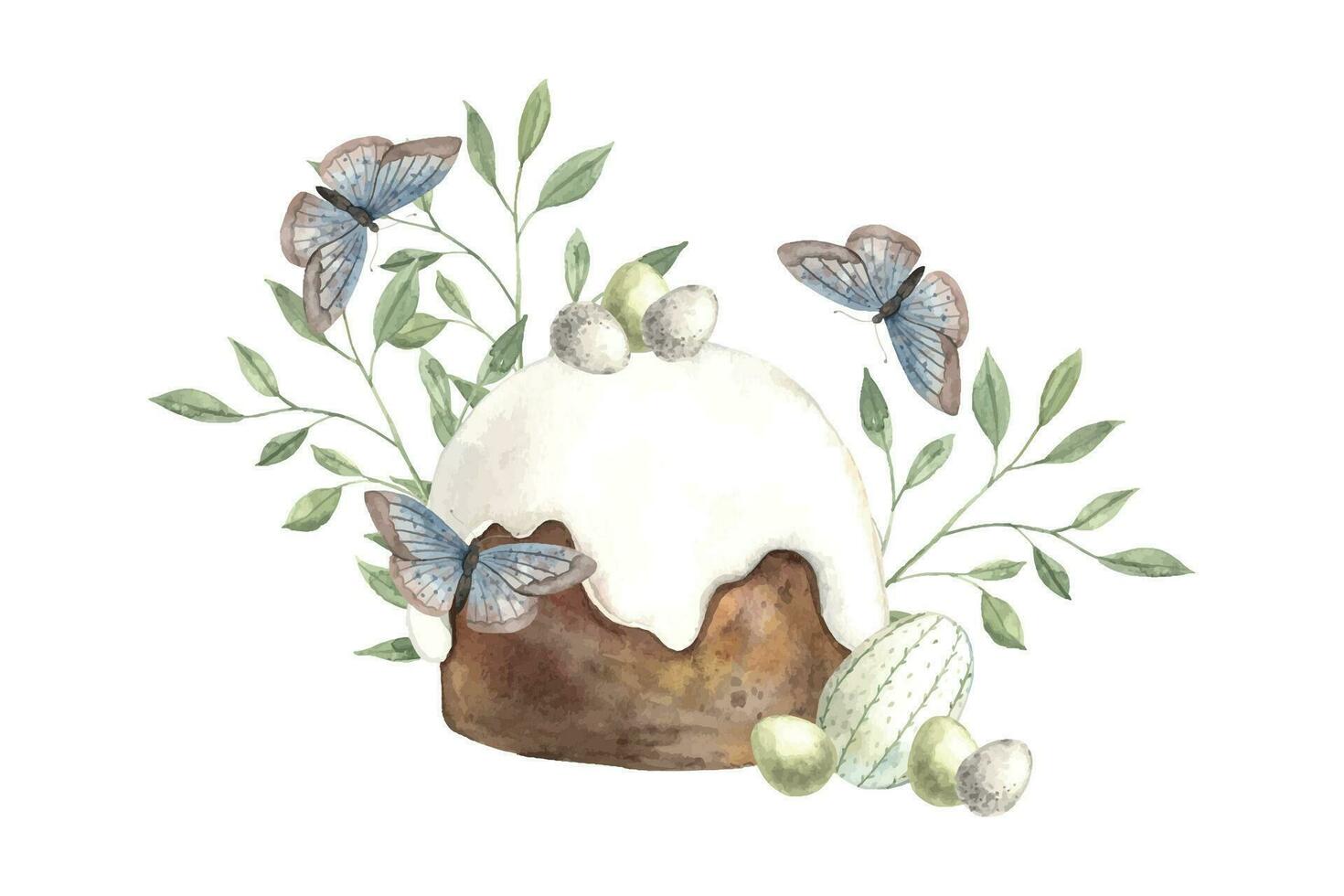 vattenfärg påsk kaka med dekor, ägg, grönt och fjärilar. påsk Semester illustration hand ritade. skiss på isolerat bakgrund för hälsning kort, inbjudningar, Lycklig högtider, affischer, dekor vektor
