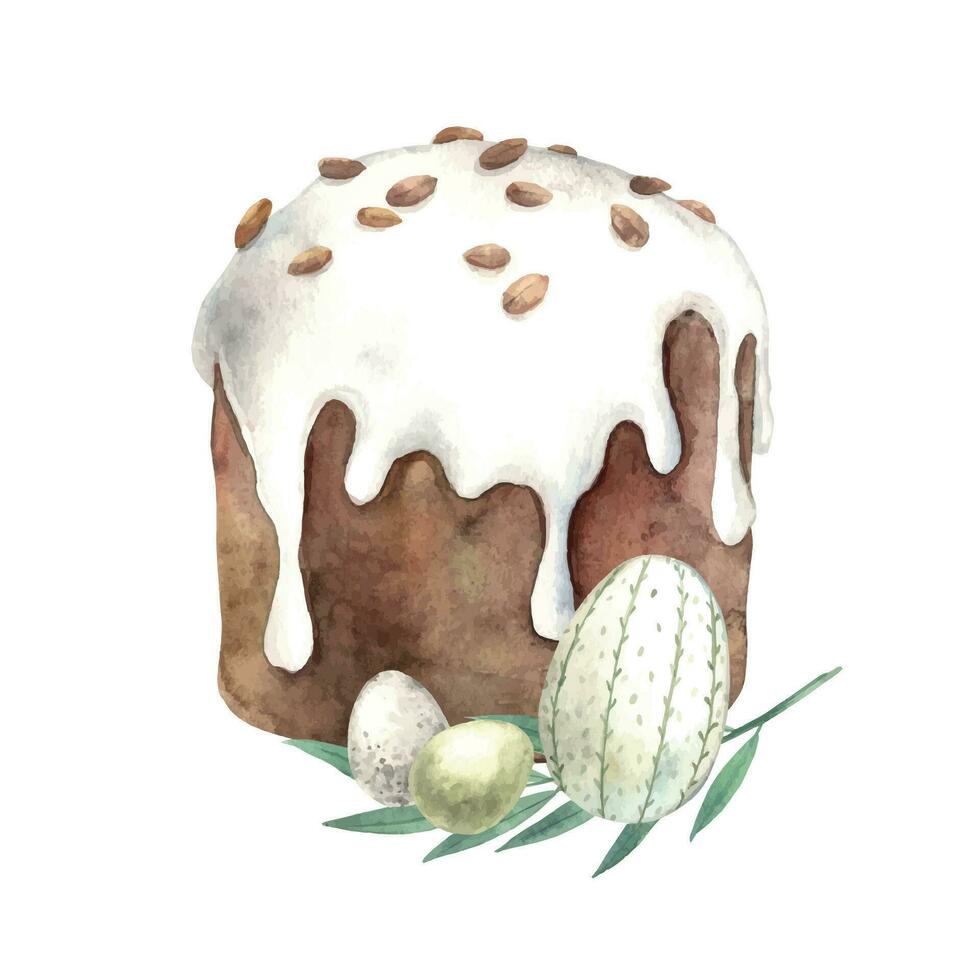 Aquarell Ostern Kuchen mit Dekor, Eier und Kräuter. Ostern Urlaub Illustration Hand gezeichnet. skizzieren auf isoliert Hintergrund zum Gruß Karten, Einladungen, glücklich Feiertage, Poster, Dekor.. vektor