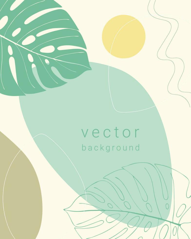 botanik bakgrund med abstrakt former och monstera, mall för flygblad affisch broschyr och tömma Plats för inskrift. vektor