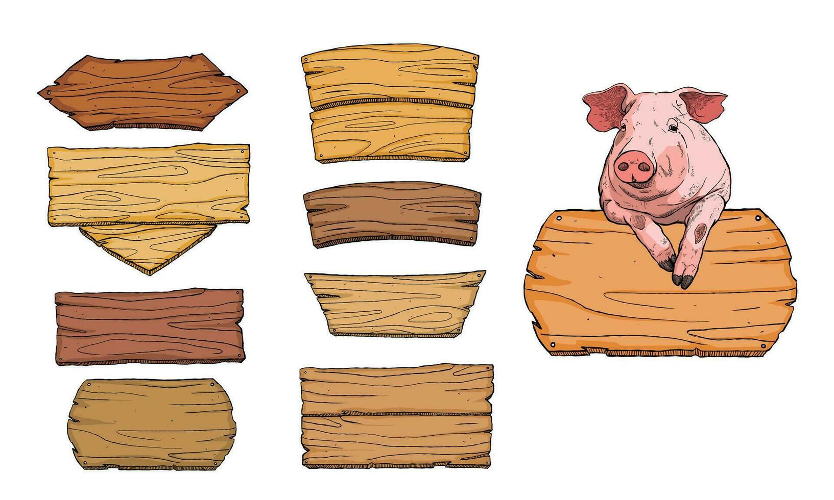 Geschäft Zeichen Bretter und isoliert Schwein auf oben von Metzgerei hölzern Tafel Beschilderung vektor