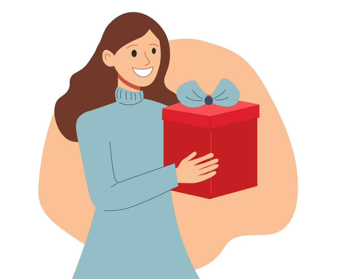 glad kvinna bärande närvarande låda med rosett. platt vektor tecknad serie illustration isolerat på vit bakgrund. begrepp av födelsedag, kvinnors dag, hjärtans dag, ge närvarande.