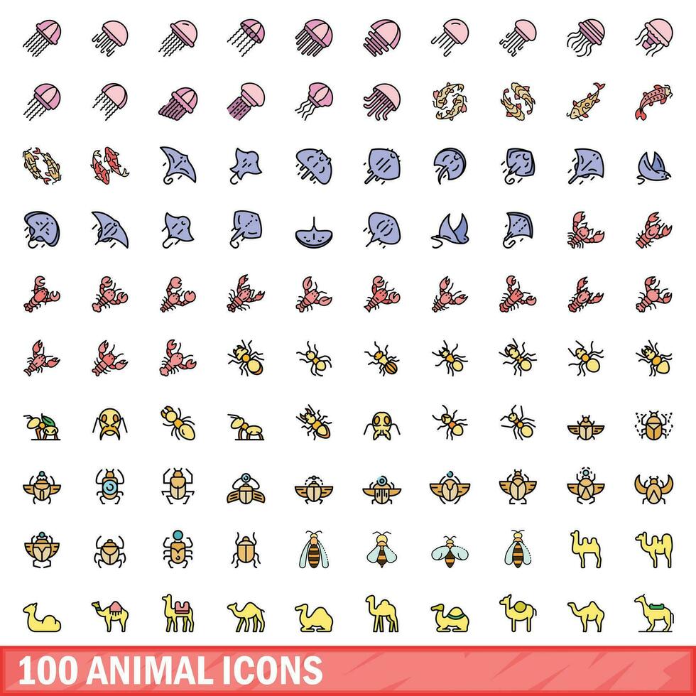 100 djur- ikoner uppsättning, Färg linje stil vektor