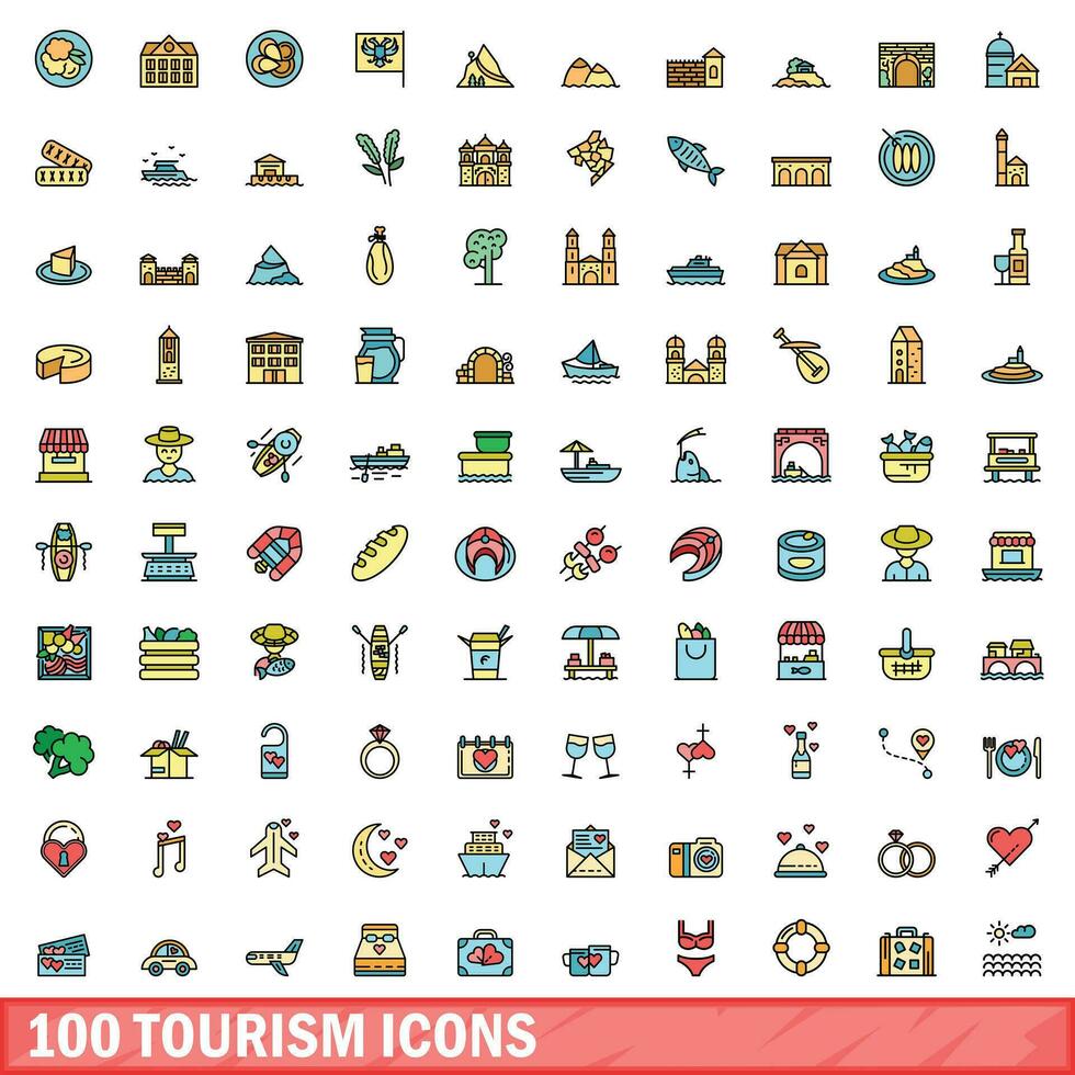 100 Tourismus Symbole Satz, Farbe Linie Stil vektor