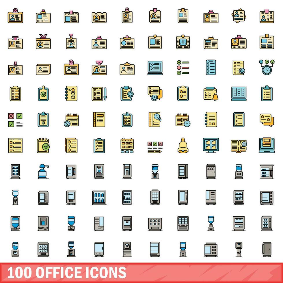 100 Büro Symbole Satz, Farbe Linie Stil vektor