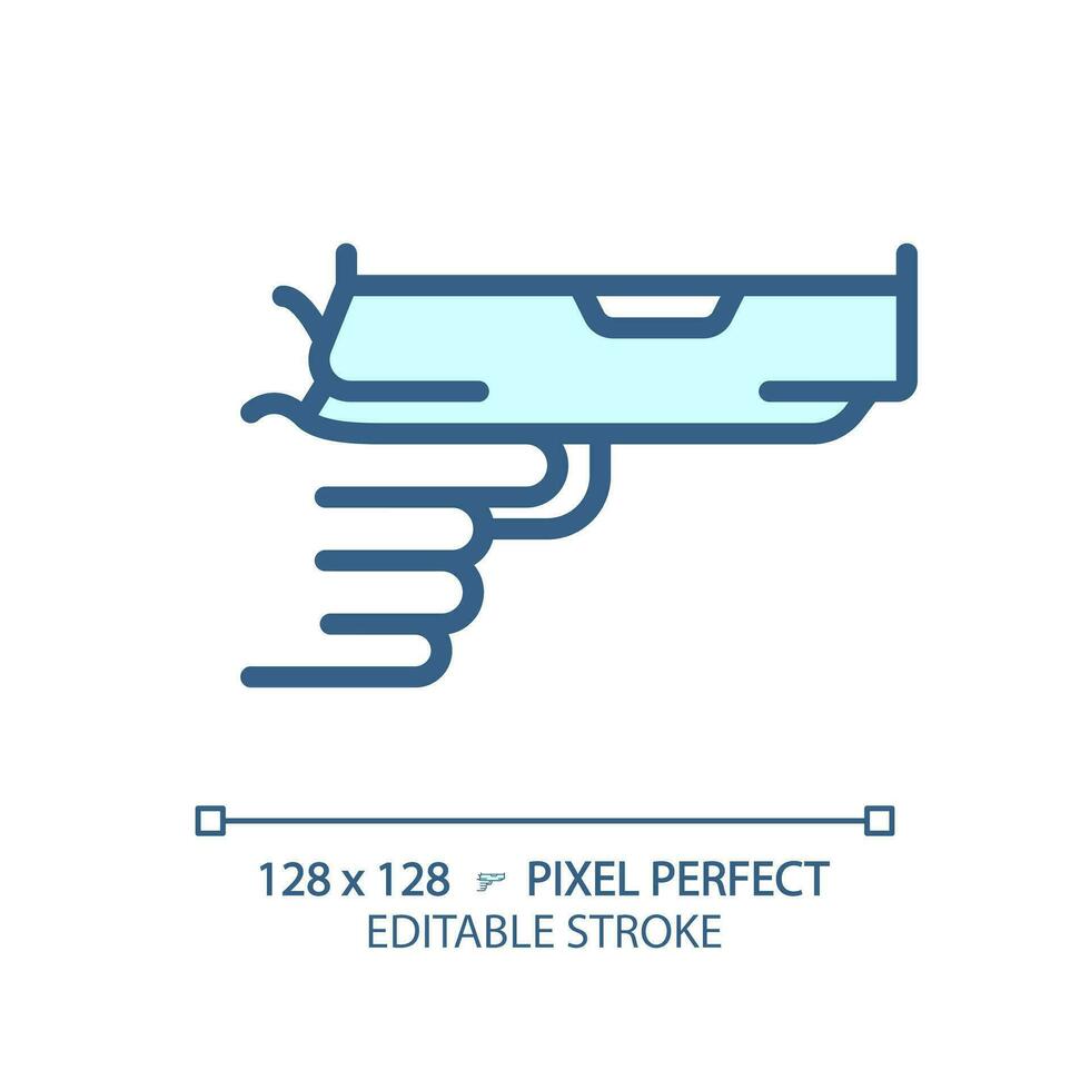 2d Pixel perfekt editierbar Blau Gewehr im Hand Symbol, isoliert monochromatisch Vektor, dünn Linie Illustration Darstellen Waffen. vektor