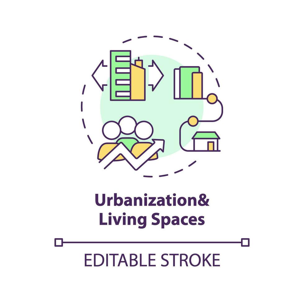 2d redigerbar Flerfärgad urbanisering och levande utrymmen ikon, enkel isolerat vektor, tunn linje illustration representerar miljö- psykologi. vektor