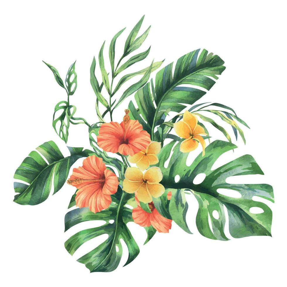 tropisch Palme Blätter, Monstera und Blumen von Plumeria, Hibiskus, hell saftig. Hand gezeichnet Aquarell botanisch Illustration. Komposition isoliert von das Hintergrund vektor