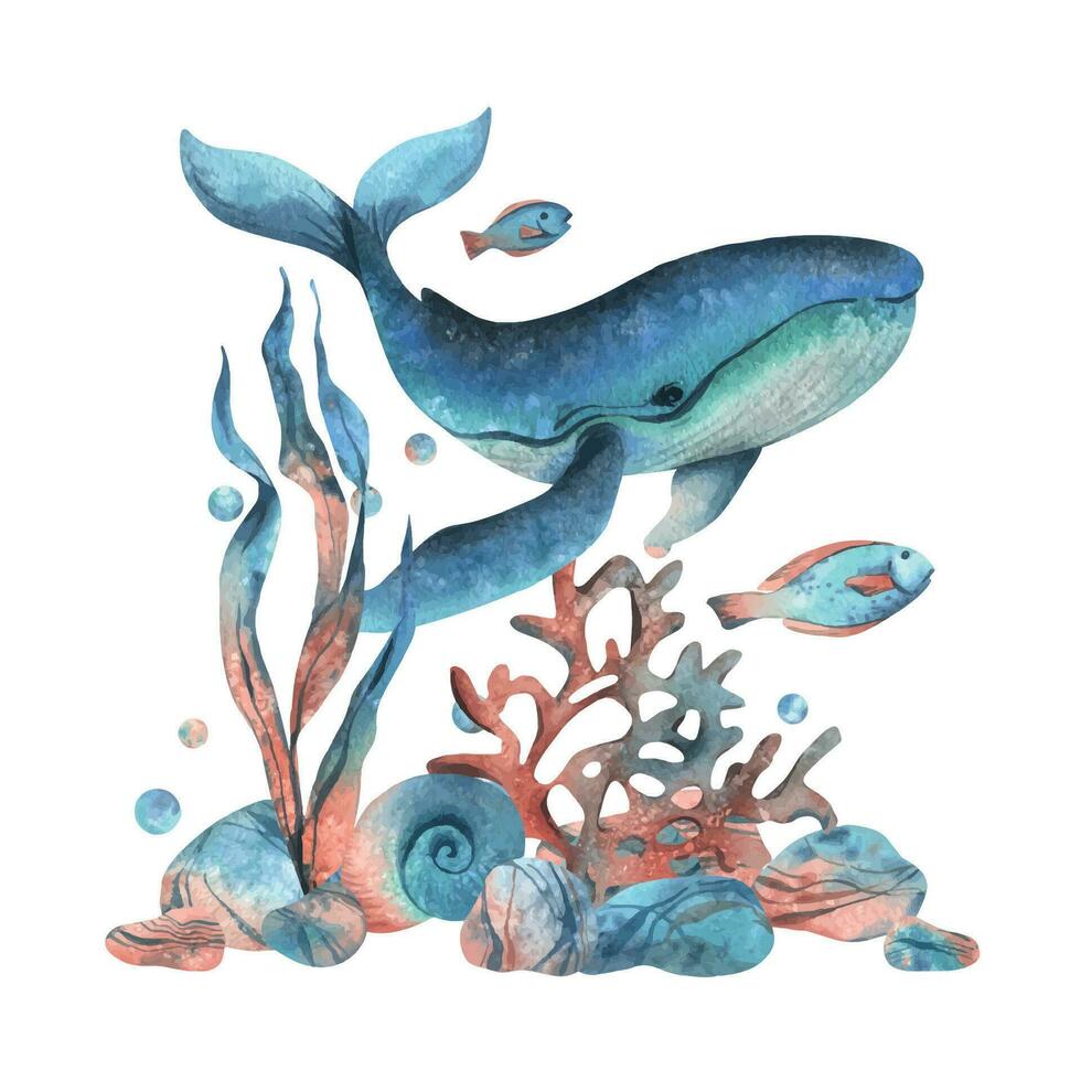 under vattnet värld ClipArt med hav djur val, fiskar, skal, korall och alger. hand dragen vattenfärg illustration. förhandsgjord sammansättning isolerat från de bakgrund vektor eps