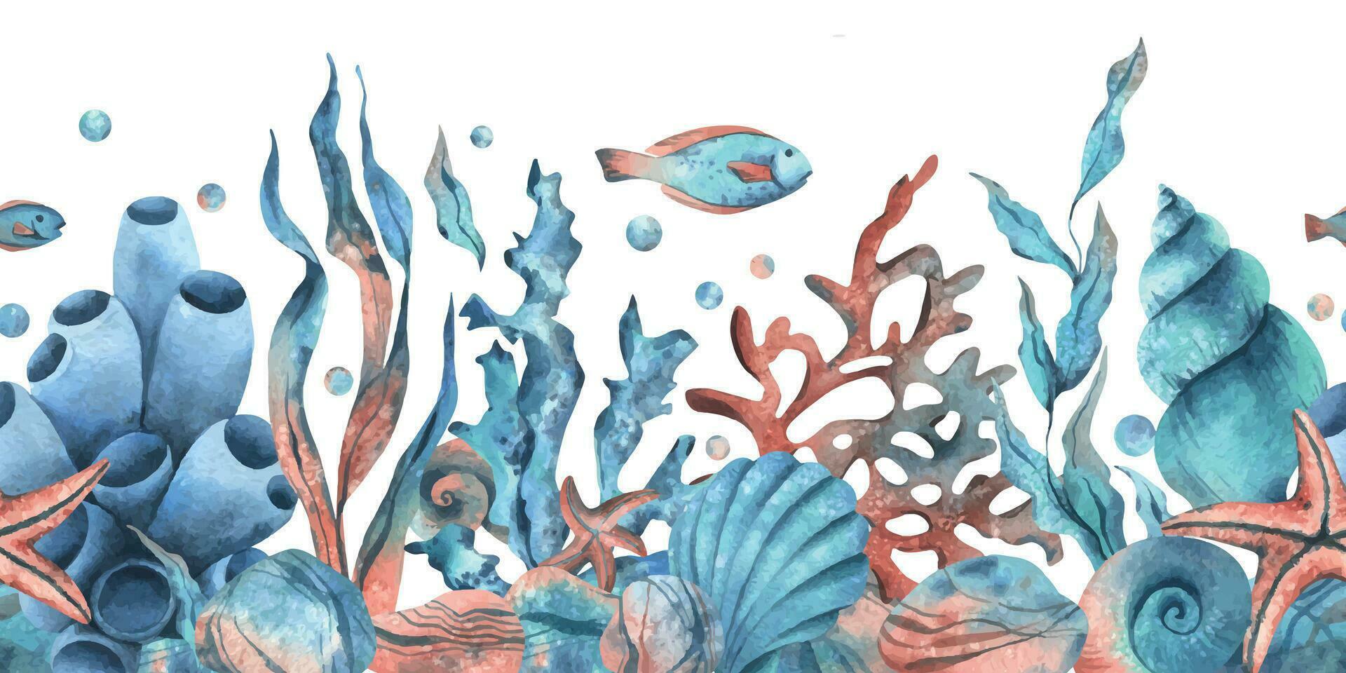 under vattnet värld ClipArt med hav djur val, sköldpadda, bläckfisk, sjöhäst, sjöstjärna, skal, korall och alger. hand dragen vattenfärg illustration. sömlös gräns isolerat från de bakgrund vektor