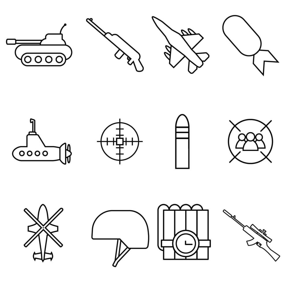 Krieg Vektor Symbol Satz. Heer Illustration Zeichen Sammlung. Munition Symbol. Waffe Logo.