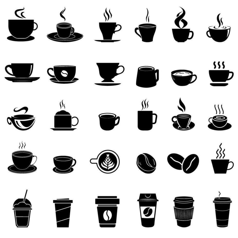 kaffe ikon vektor uppsättning. varm dryck illustration tecken samling. kaffe hus symbol. kaffe maskin logotyp.