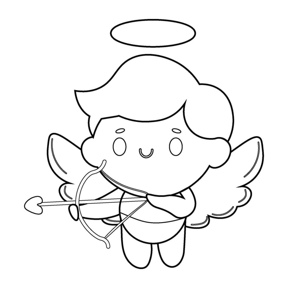 vektor översikt illustration. ängel cupid med en vingar, rosett och pil. amur, Gud av kärlek. svart och vit Färg linjär ikon.