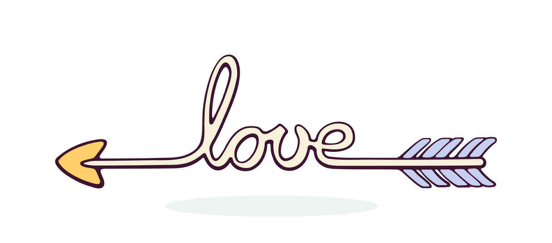 Amor Pfeil gebogen in das Wort Liebe. Valentinsgrüße Tag Symbol. Vektor Illustration. Hand gezeichnet Karikatur Clip Kunst mit Umriss. Design Element isoliert auf Weiß Hintergrund