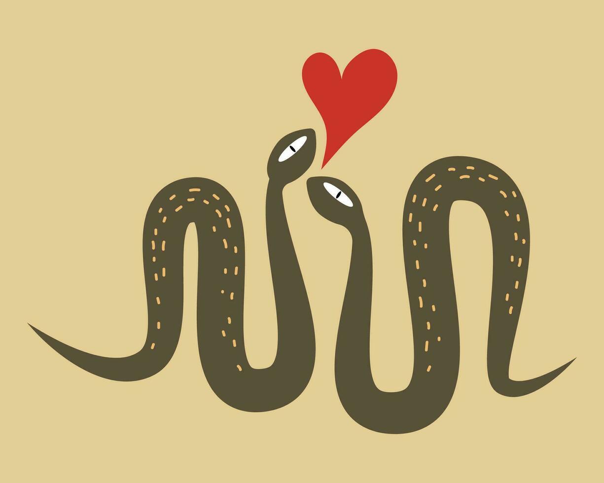 hälsning kort, hjärtans dag mall. två kärleksfull ormar och en röd hjärta på en beige bakgrund. esoterisk symboler vektor