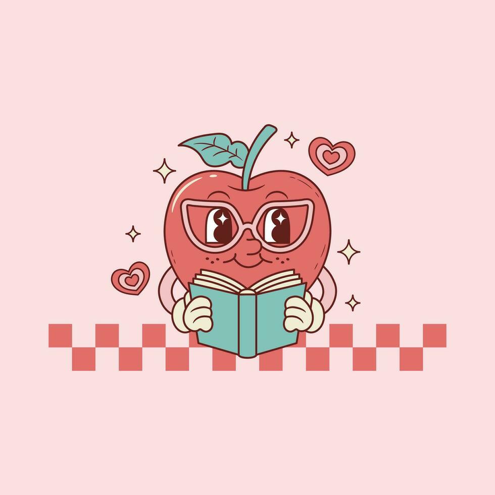 söt retro illustration för lärare av äpple läsning en bok och bär glasögon vektor
