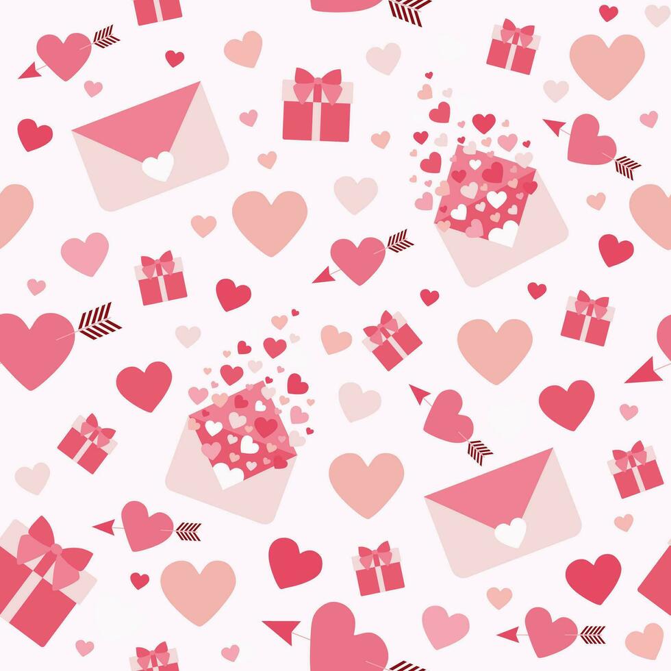 valentines hjärtan med gåva lådor och kärlek meddelanden på rosa bakgrund. vektor sömlös mönster för Lycklig mammor, valentines dag, romantisk hälsning kort, textil, tyg. design konst ändlös mall.