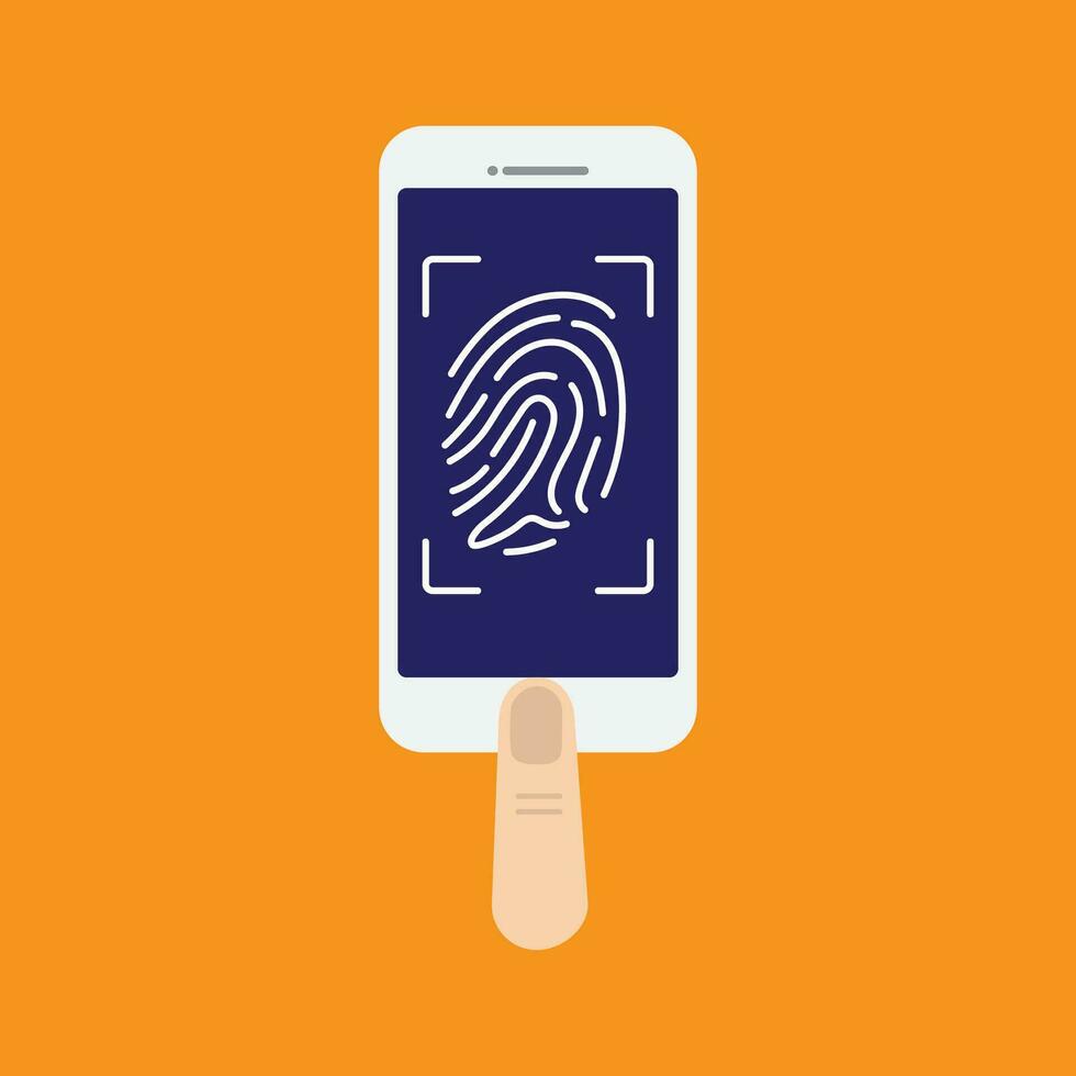 Fingerabdruck Scannen zu Handy, Mobiltelefon Telefon. Konzept von unter Bildschirm Fingerabdruck Scan zu Freischalten Smartphone auf Orange Hintergrund. vektor