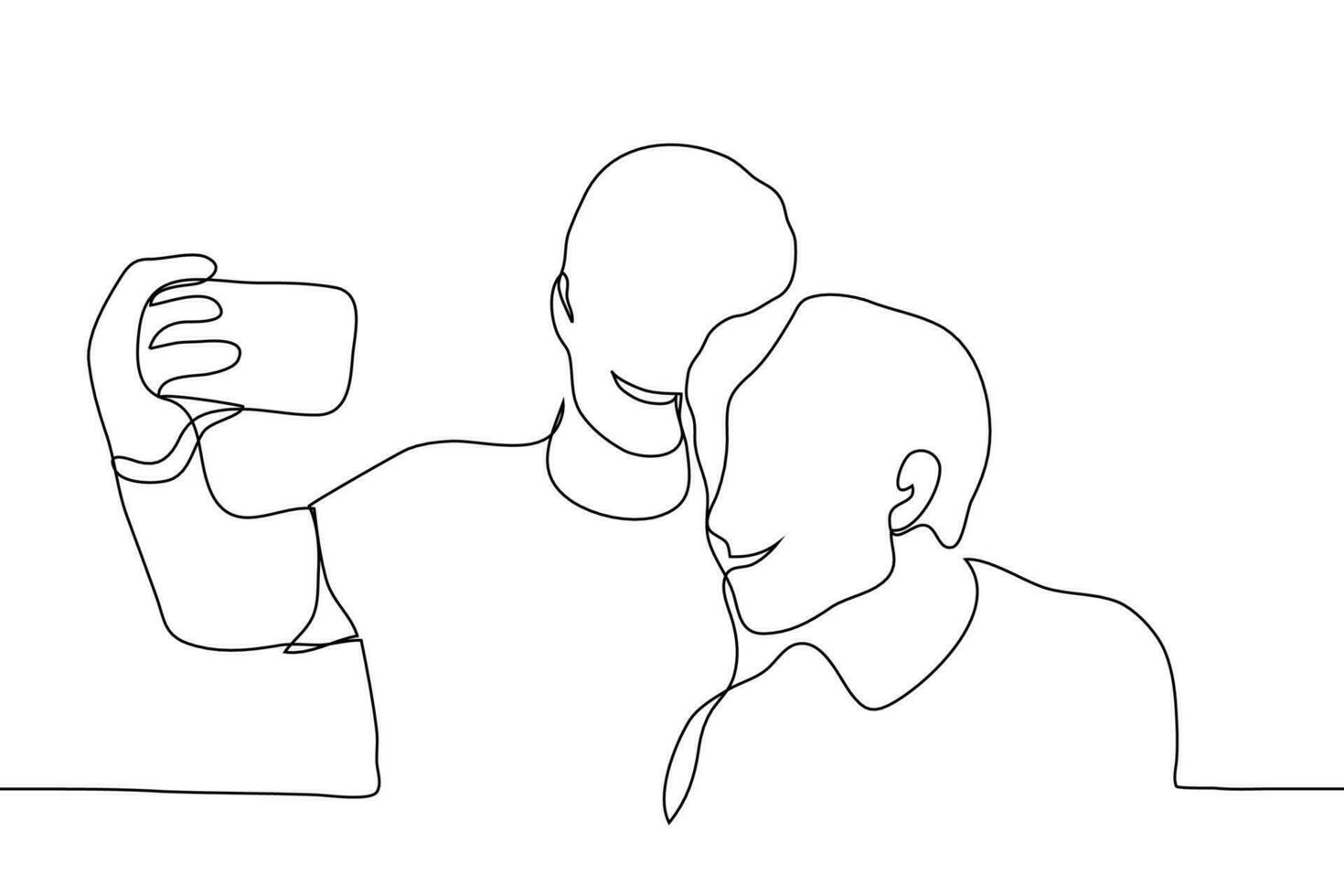 två män ta en selfie på en smartphone. ett kontinuerlig linje teckning av två vänner leende medan framställning en Foto. vektor illustration av polare under en vänlig möte.