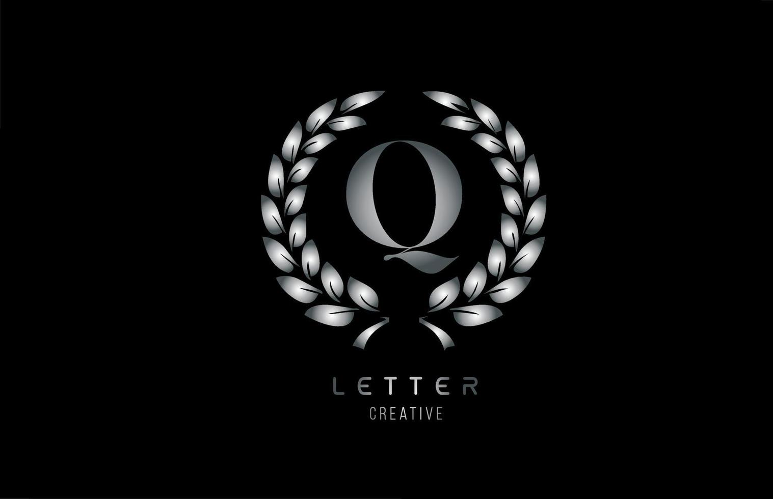 silbergraues Metall-Q-Alphabet-Logo-Symbol mit Blumenmuster für Unternehmen und Unternehmen vektor