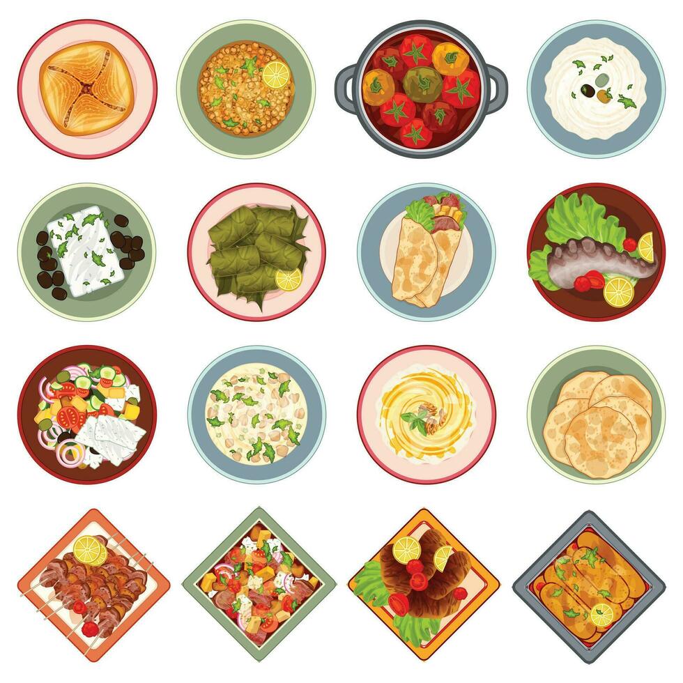 grekisk kök ikoner uppsättning tecknad serie vektor. fetaost kyckling mat vektor