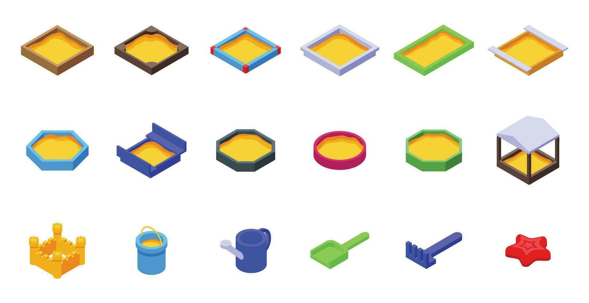 Sandkasten Symbole einstellen isometrisch Vektor. Spielzeug Kind Münze vektor