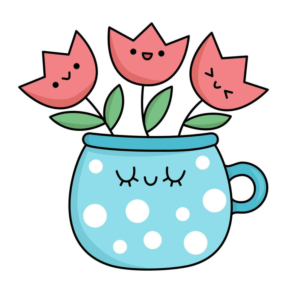 Vektor kawaii Topf mit Tulpen Symbol zum Kinder. süß Ostern Symbol Illustration. komisch Karikatur Charakter. bezaubernd Frühling Clip Art mit lächelnd Tasse und zuerst Blume Strauß