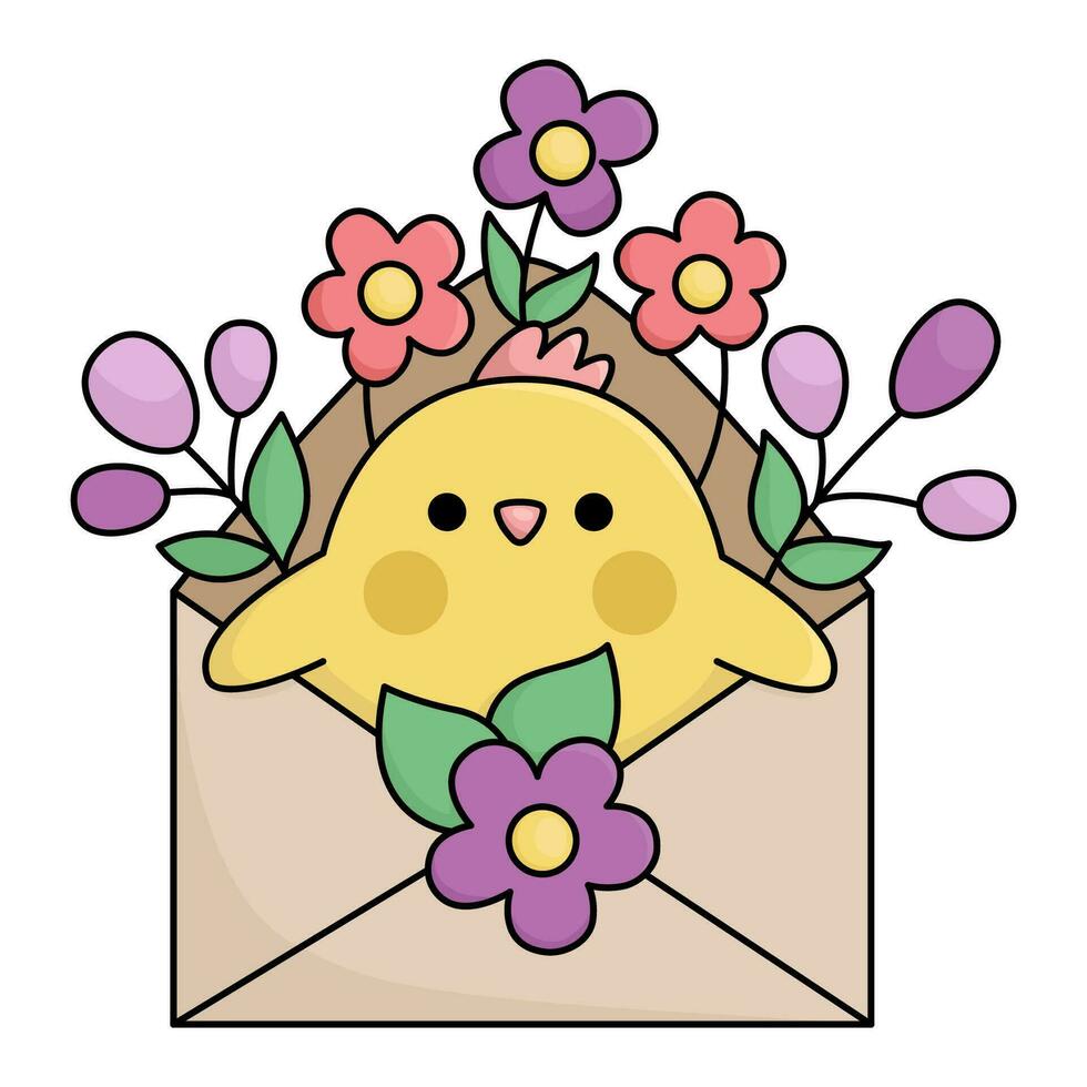 Vektor Ostern Küken Symbol zum Kinder. süß kawaii Hähnchen Illustration. komisch Karikatur Vogel Charakter. traditionell Frühling Urlaub Symbol kleben aus von Briefumschlag mit zuerst Blumen