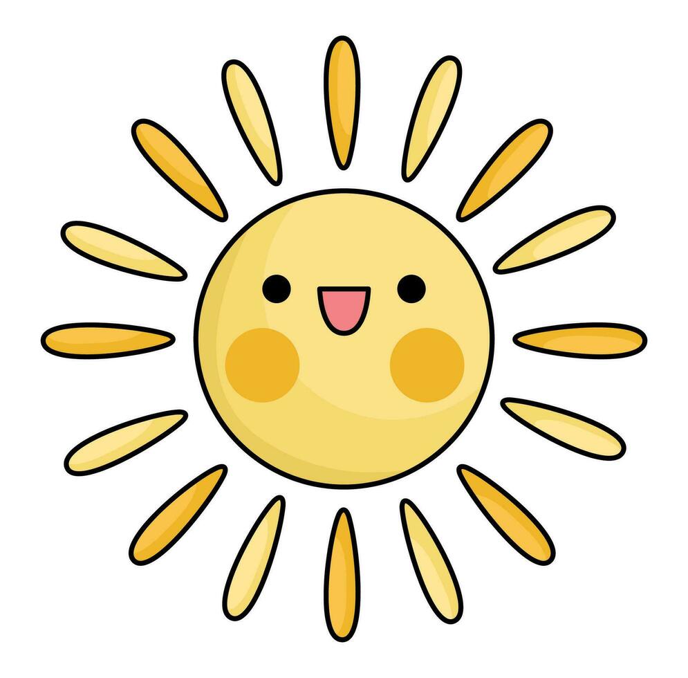 Vektor kawaii Sonne Symbol zum Kinder. süß Wetter Element Symbol Illustration. komisch lächelnd Karikatur Charakter. bezaubernd Planet Clip Art