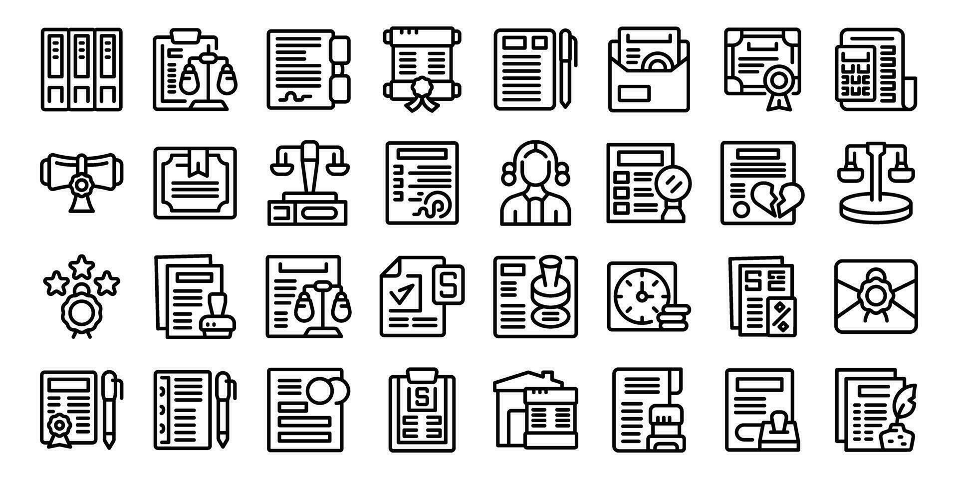 notarius publicus tjänster ikoner uppsättning översikt vektor. kontor bärbar dator vektor