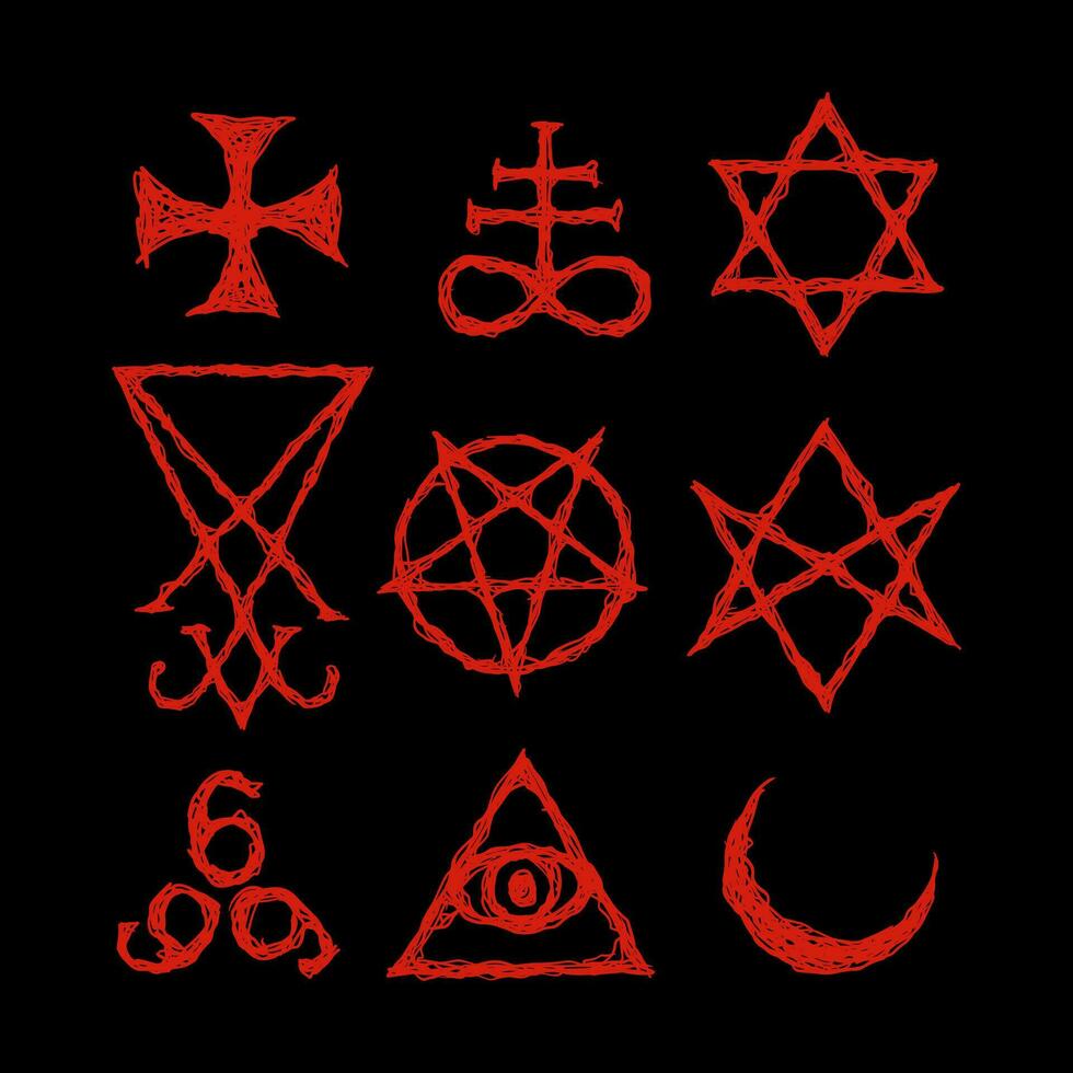 satanisch Symbole, mittelalterlich Okkultismus, Magie Briefmarken, Siegel, Schlüssel, mystisch Symbole Knoten, Teufel Kreuz. Siegel Luzifer Baphomet Vektor