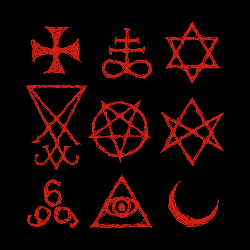 satanisk symboler, medeltida ockultism, magi stämplar, sigils, nycklar, mystisk symboler knutar, djävulens korsa. sigil djävulen baphomet vektor