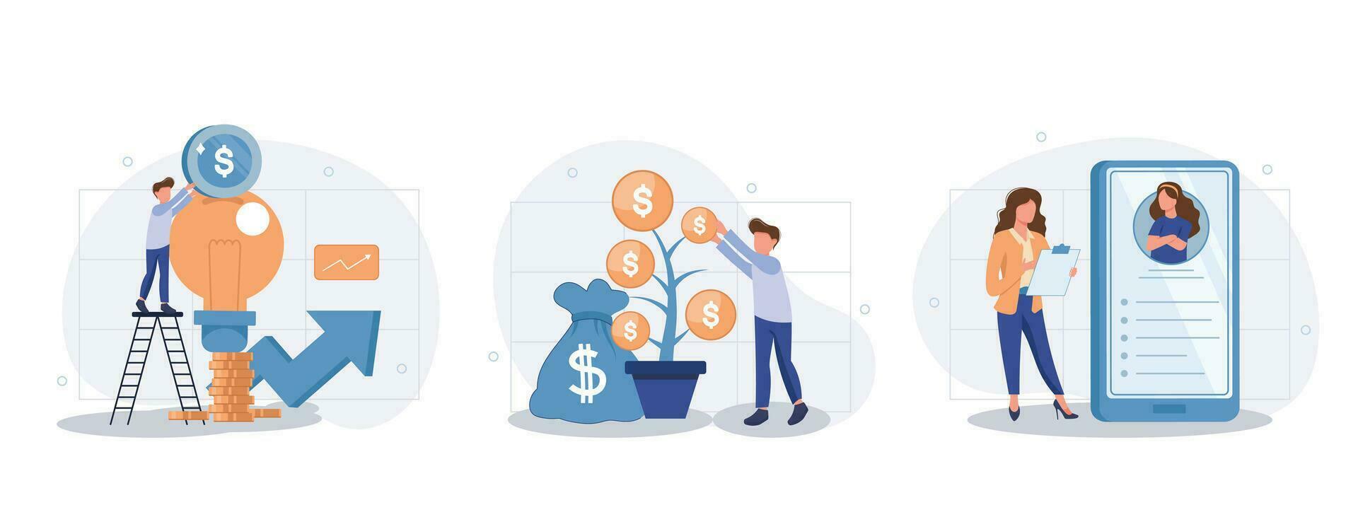 mycket liten företag människor investera in i innovation med hög potential, finansiell läskunnighet. digital befordran, social media nät annons. uppsättning platt vektor modern illustration