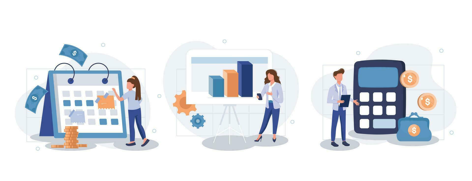 Planung des Finanzbudgets isolierter Satz. Buchhaltungsanalyse und Einsparungen. menschensammlung von szenen im flachen design. Vektorgrafik für Blogging, Website, mobile App, Werbematerialien. vektor