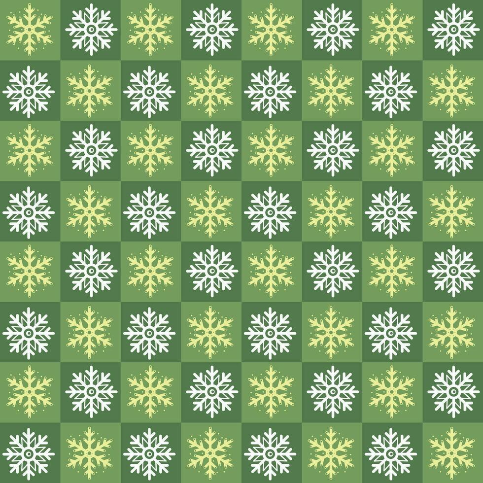 jul sömlös mönster av snöflingor på grön rutig bakgrund, vektor Semester mönster