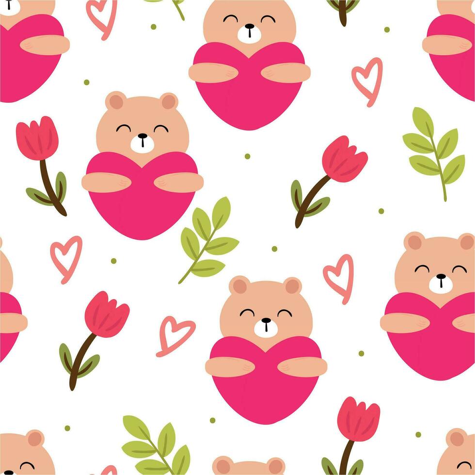 nahtlos Muster von Karikatur Bären und Rosa Blumen. süß Valentinstag Hintergrund Illustration zum Geschenk Verpackung Papier, Hintergründe und Gruß Karten vektor