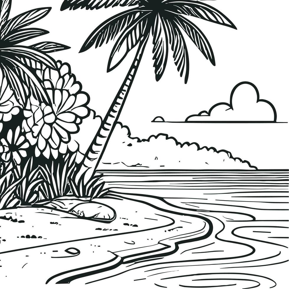 färg bok enkel skisser för barn, illustrationer av naturlig visningar på de strand, där är fiske båtar, kokos träd och mangrove träd vektor