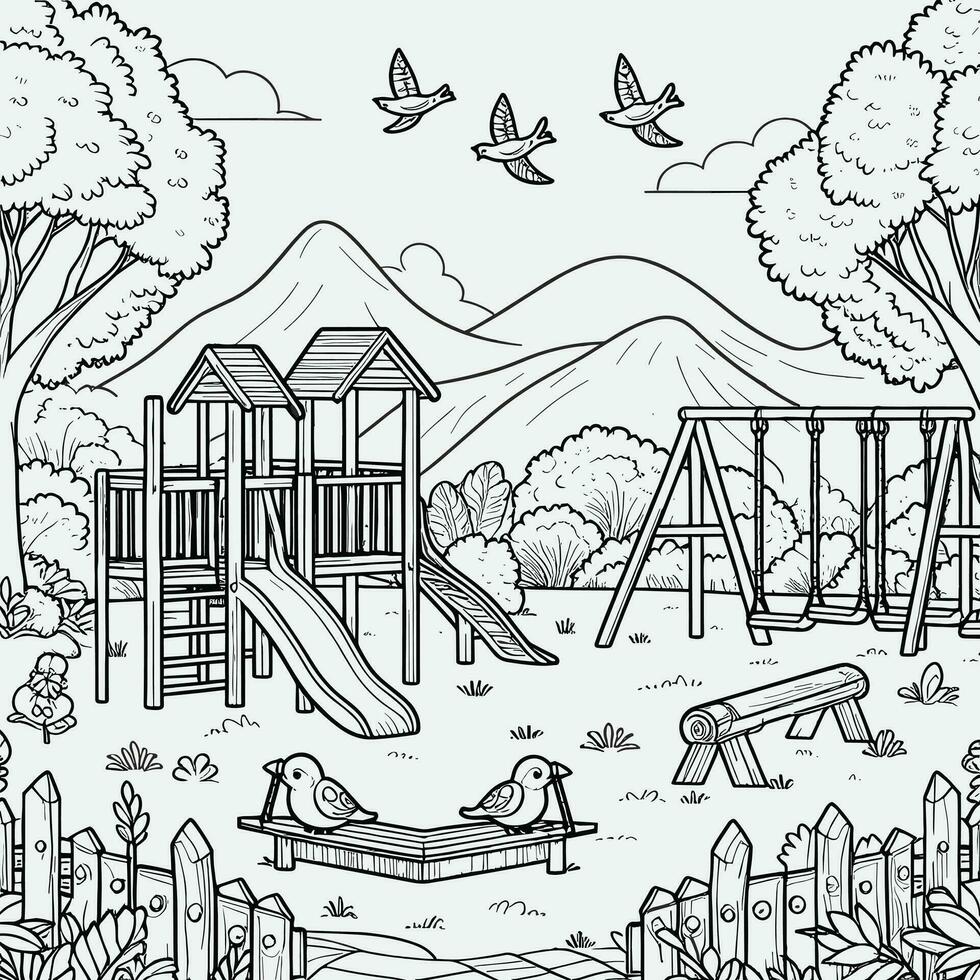 färg bok enkel skisser för barn, illustrationer av naturlig landskap i de form av en barn lekplats, där är rutschbanor, gungor och gungbrädor vektor
