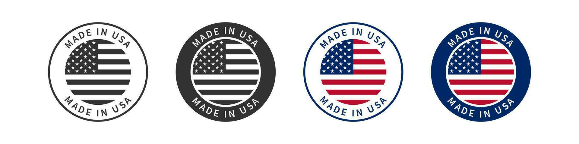 tillverkad i USA ikon. amerikan produkt tecken. nationell bricka symbol. kvalitet symboler. företag klistermärke ikoner. vektor isolerat tecken.