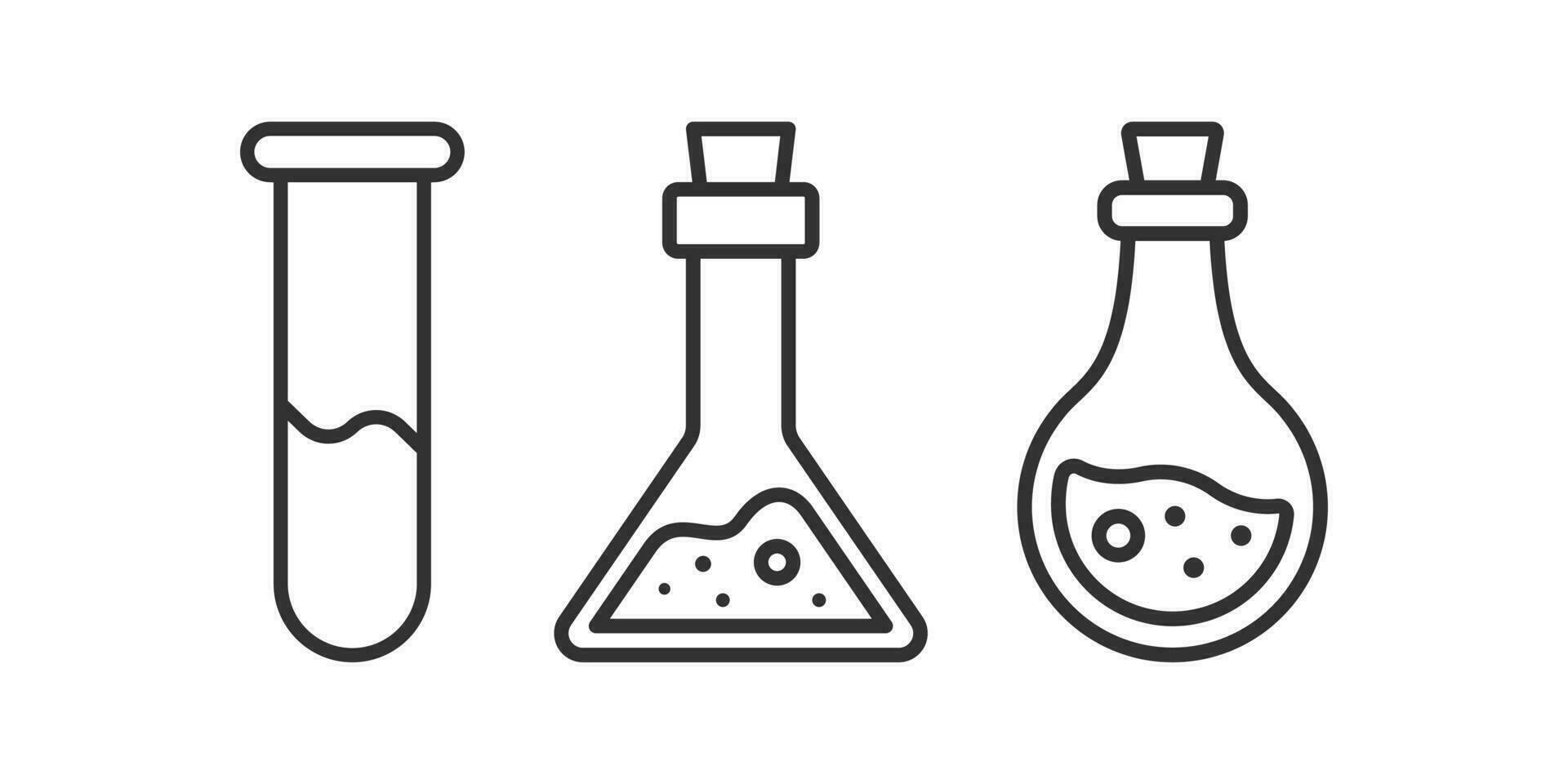 Prüfung Tube Symbol. Labor Zeichen. Chemie Wissenschaft Symbol. medizinisch Flasche Symbole. wissenschaftlich Becherglas Symbole. schwarz Farbe. Vektor isoliert unterzeichnen.