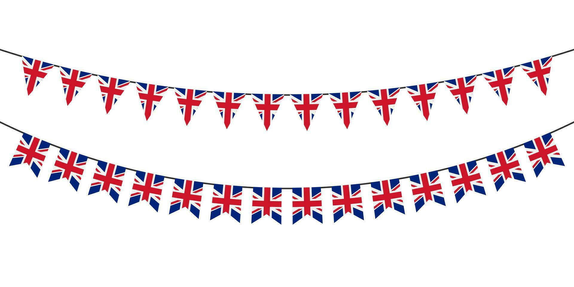 Flagge Girlanden. festlich Ammer. Dreieck Banner mit das Vereinigtes Königreich Flagge. Geburtstag Dekoration. Hintergrund Dekor zum Feier im Großbritannien. eben Farbe. Vektor unterzeichnen.