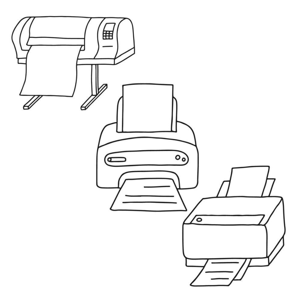 Hand Zeichnung groß Tintenstrahl Plotter Drucker im linear Stil. Plotter Drucker Ausrüstung zum Drucken viele Produkte eine solche wie Werbetafeln, Poster, Roll-Ups und Mehr groß Formate. Vektor skizzieren oder Linie